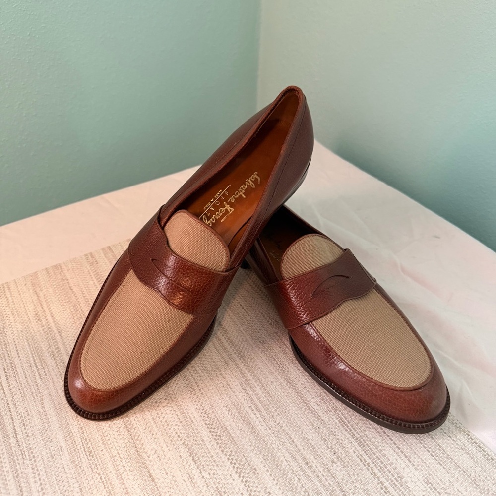 Brown Leather & Beige Canvas Penny Loafers
